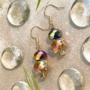 3/$25 Gold Earrings Sparkling Gold Amber Faceted Glass & Aurora Borealis Beads